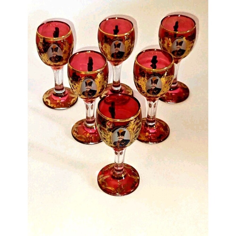 6 Pasabahce PERSIAN KING  Ruby Red 2 Oz Cordial Glasses Gold Trim